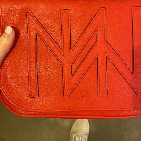 Miche Red Leather Chain Link Cross Body Shoulder Bag Purse Women’s Plaid Lining - Picture 4 of 10